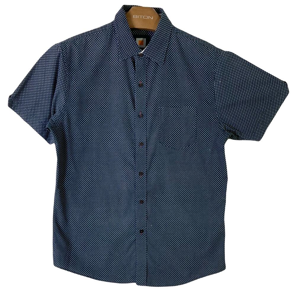 SQWEAR Shirt L Polkadot Geo Collar Detail Button-Up Short-Sleeve Pocket Cotton